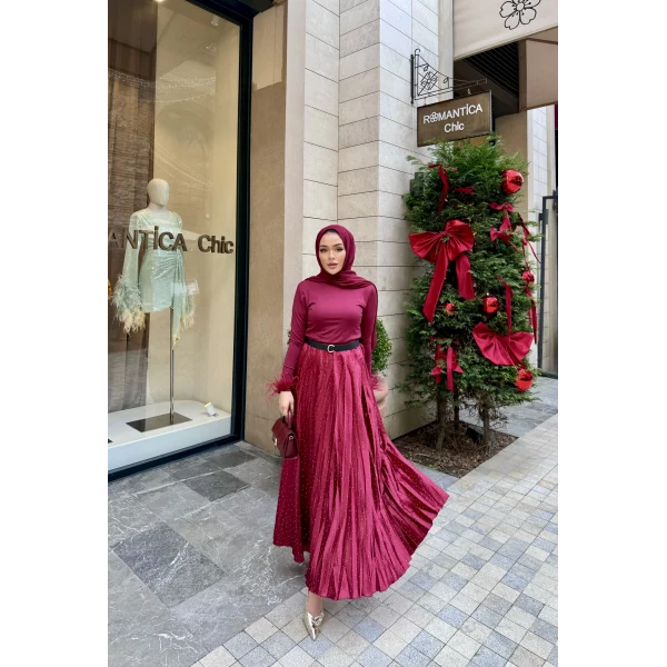 Taşlı Saten Etek - Bordo