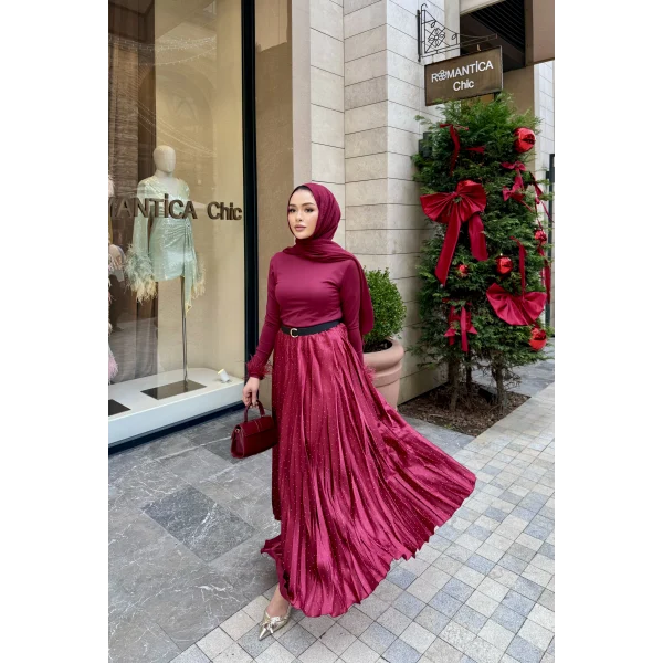 Taşlı Saten Etek - Bordo