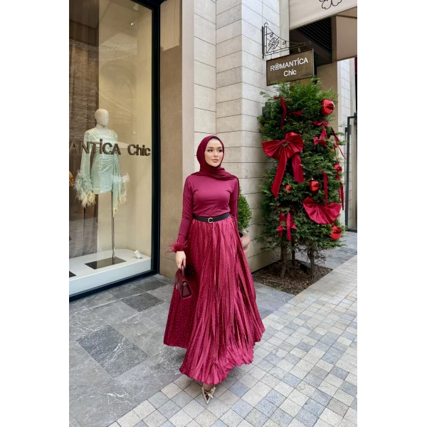 Taşlı Saten Etek - Bordo