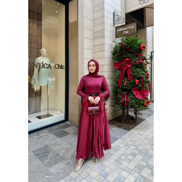 Taşlı Saten Etek - Bordo