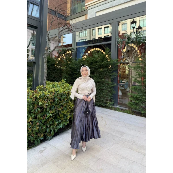 Taşlı Saten Etek - Gri