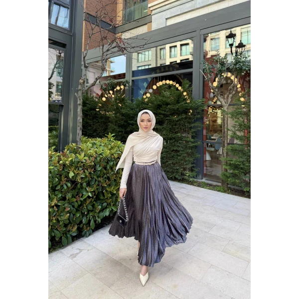 Taşlı Saten Etek - Gri