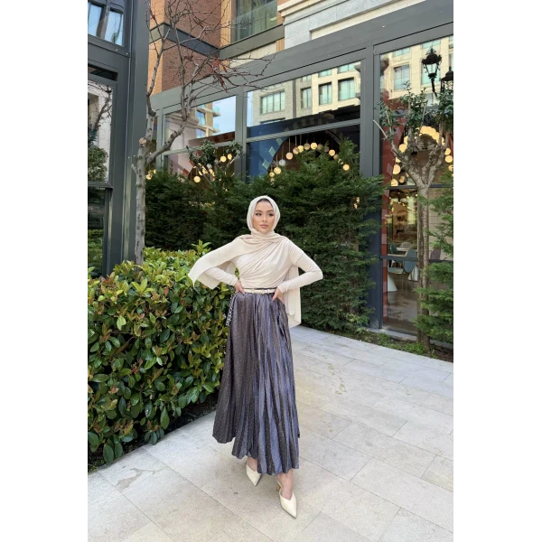 Taşlı Saten Etek - Gri