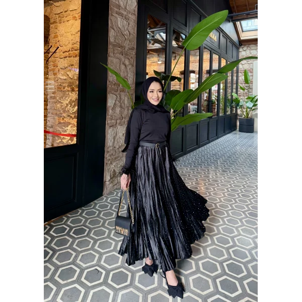 Taşlı Saten Etek - Siyah