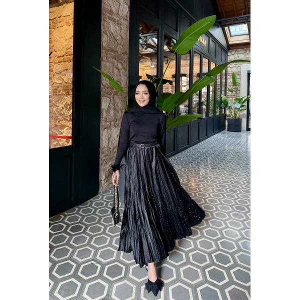 Taşlı Saten Etek - Siyah