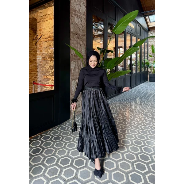 Taşlı Saten Etek - Siyah