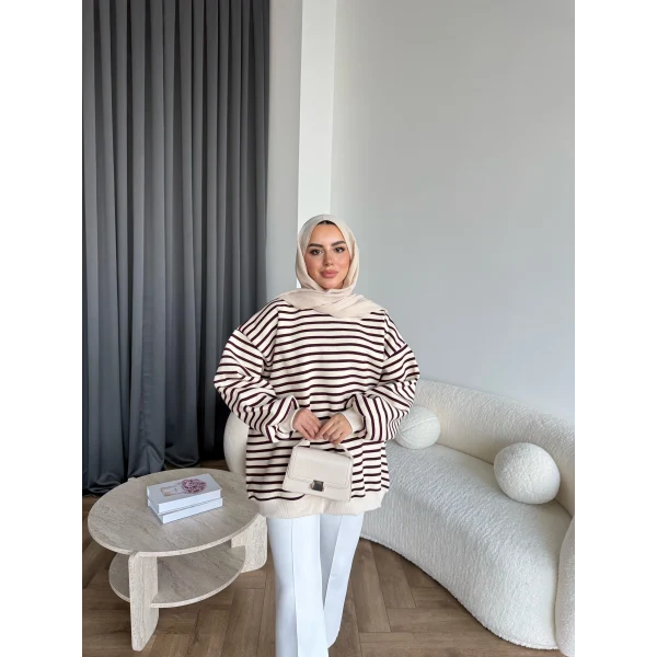 Twist Çizgili Sweat - Bordo