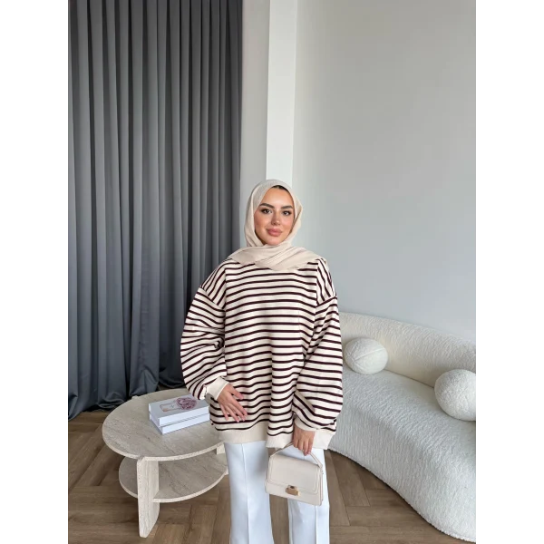 Twist Çizgili Sweat - Bordo