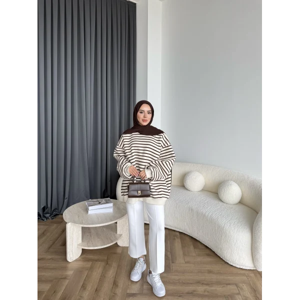 Twist Çizgili Sweat - Kahve