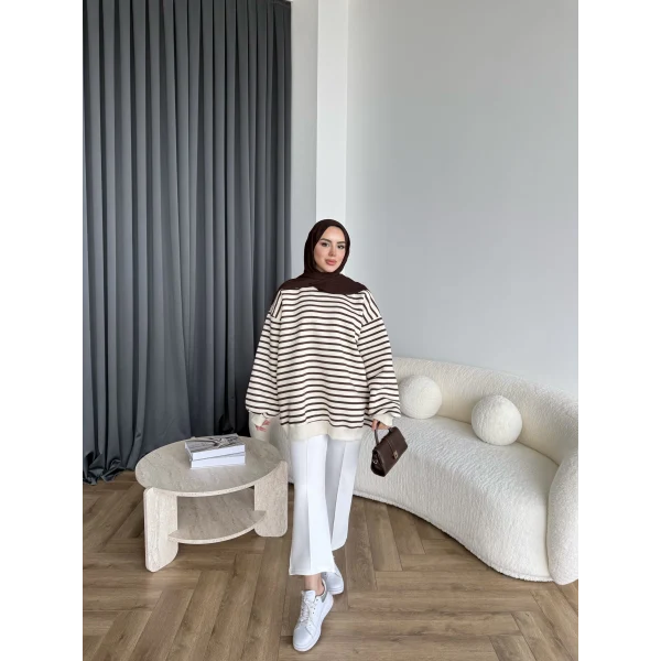 Twist Çizgili Sweat - Kahve