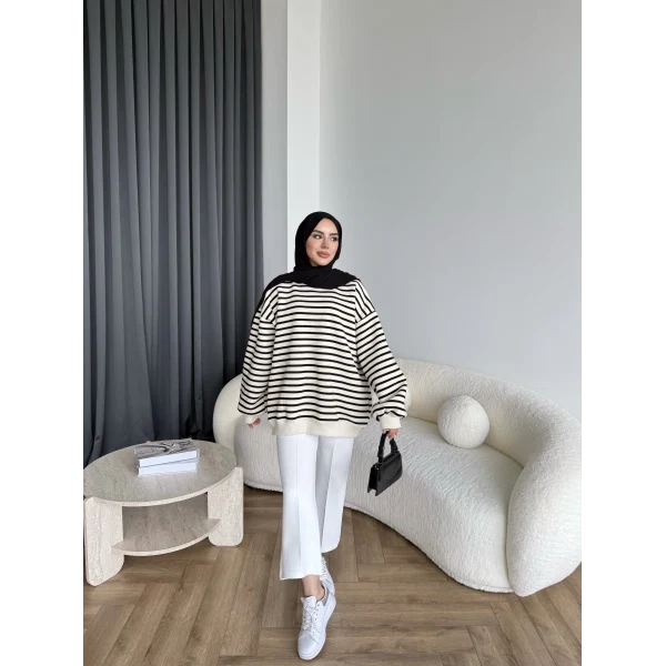 Twist Çizgili Sweat - Siyah