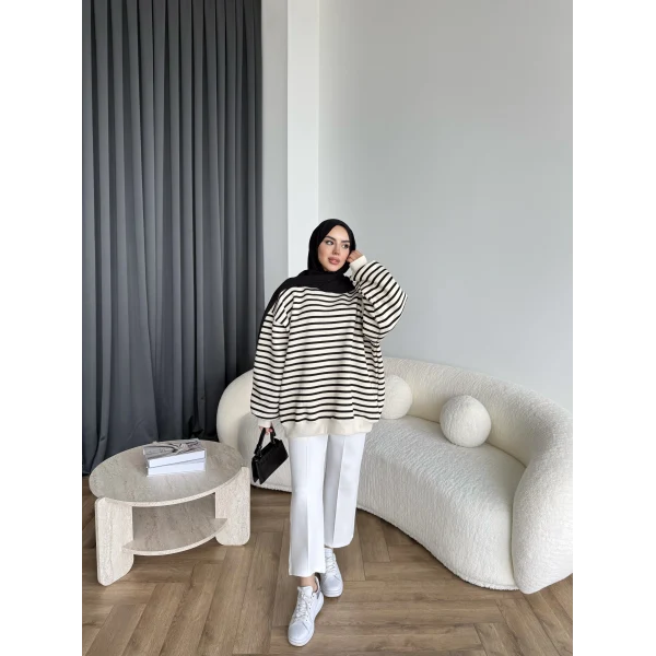 Twist Çizgili Sweat - Siyah