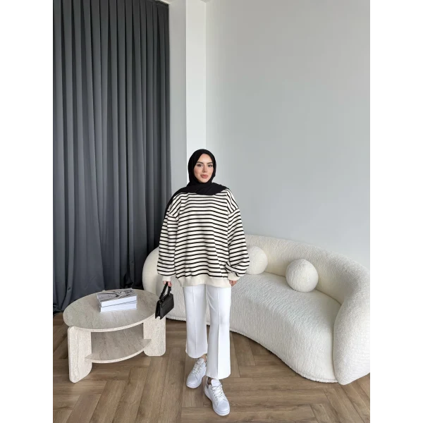 Twist Çizgili Sweat - Siyah