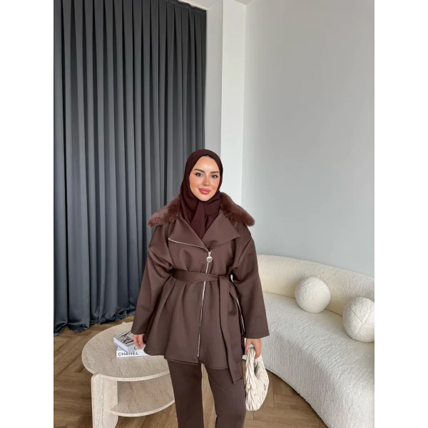 Vare Yakası Kürklü Scuba Takım - Acı Kahve