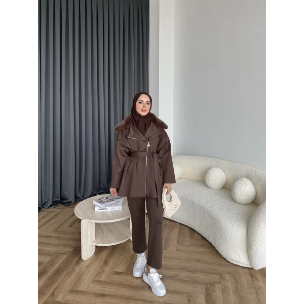 Vare Yakası Kürklü Scuba Takım - Acı Kahve