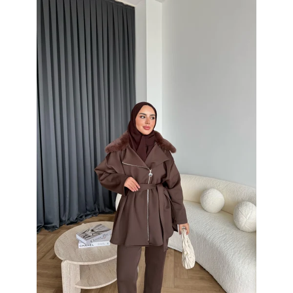 Vare Yakası Kürklü Scuba Takım - Acı Kahve