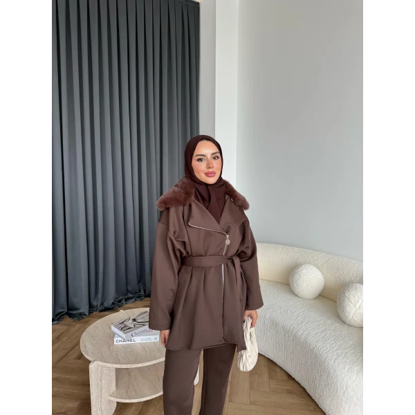 Vare Yakası Kürklü Scuba Takım - Acı Kahve