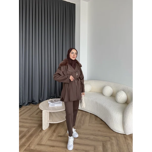 Vare Yakası Kürklü Scuba Takım - Acı Kahve