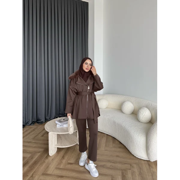 Vare Yakası Kürklü Scuba Takım - Acı Kahve