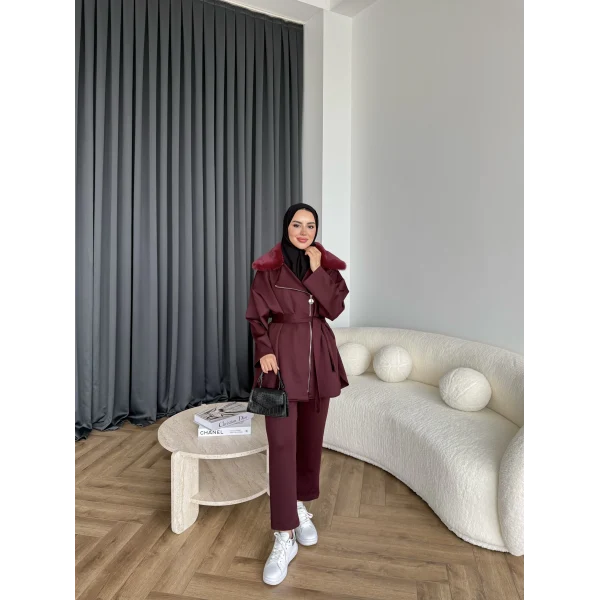 Vare Yakası Kürklü Scuba Takım - Bordo