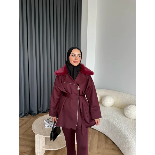 Vare Yakası Kürklü Scuba Takım - Bordo