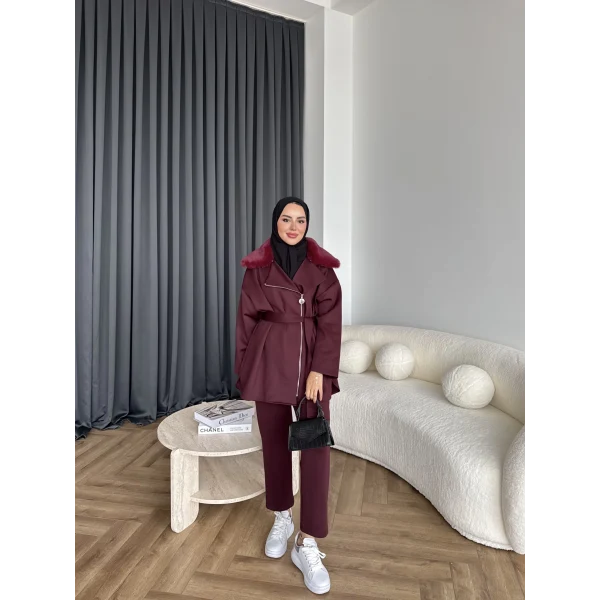 Vare Yakası Kürklü Scuba Takım - Bordo