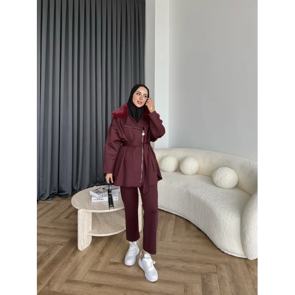 Vare Yakası Kürklü Scuba Takım - Bordo