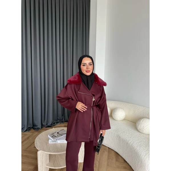 Vare Yakası Kürklü Scuba Takım - Bordo