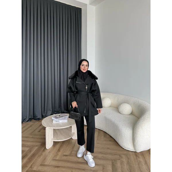 Vare Yakası Kürklü Scuba Takım - Siyah