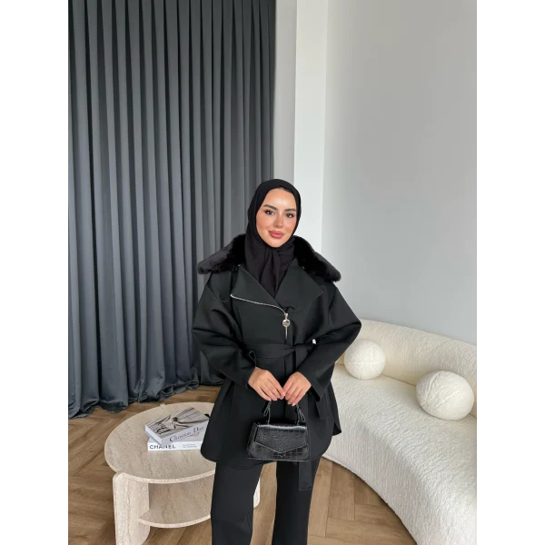 Vare Yakası Kürklü Scuba Takım - Siyah