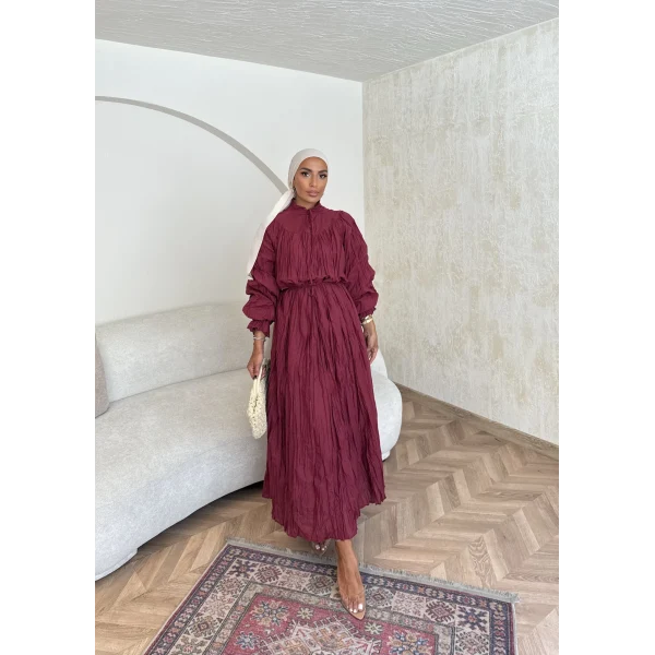 Veluna Kırışık Elbise - Bordo