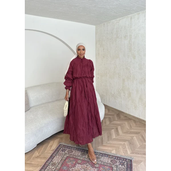 Veluna Kırışık Elbise - Bordo