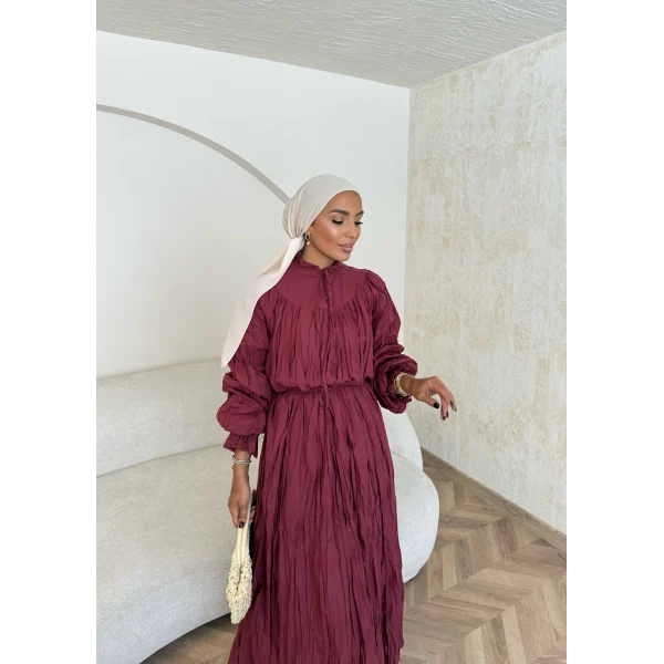 Veluna Kırışık Elbise - Bordo