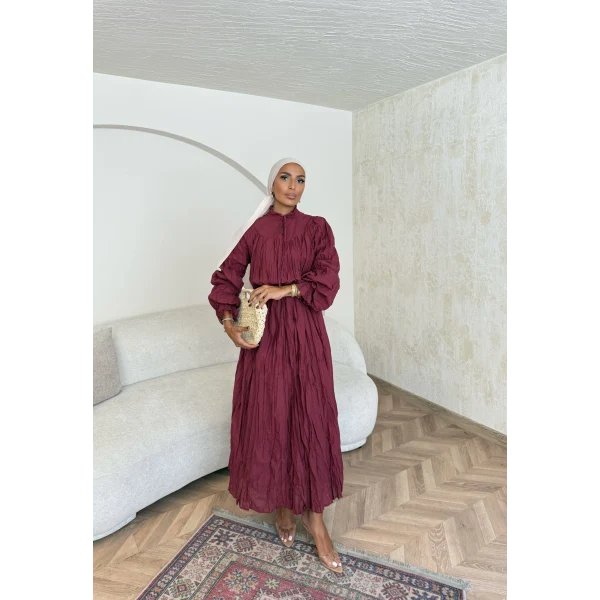 Veluna Kırışık Elbise - Bordo