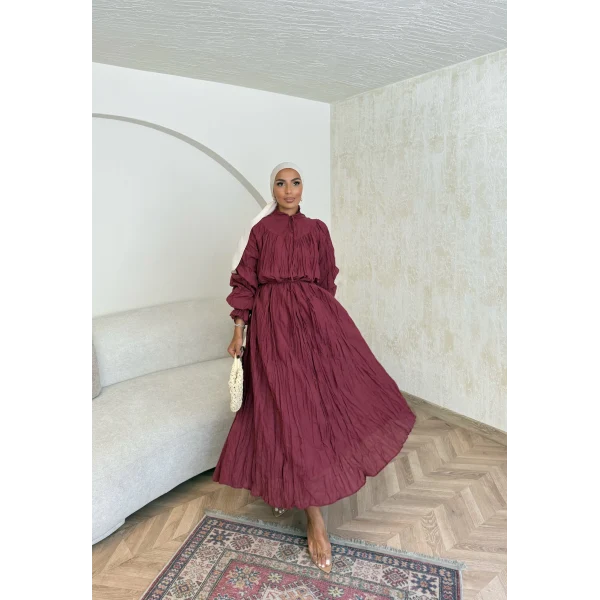 Veluna Kırışık Elbise - Bordo