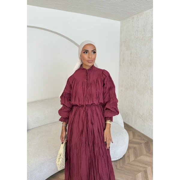 Veluna Kırışık Elbise - Bordo