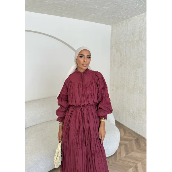 Veluna Kırışık Elbise - Bordo