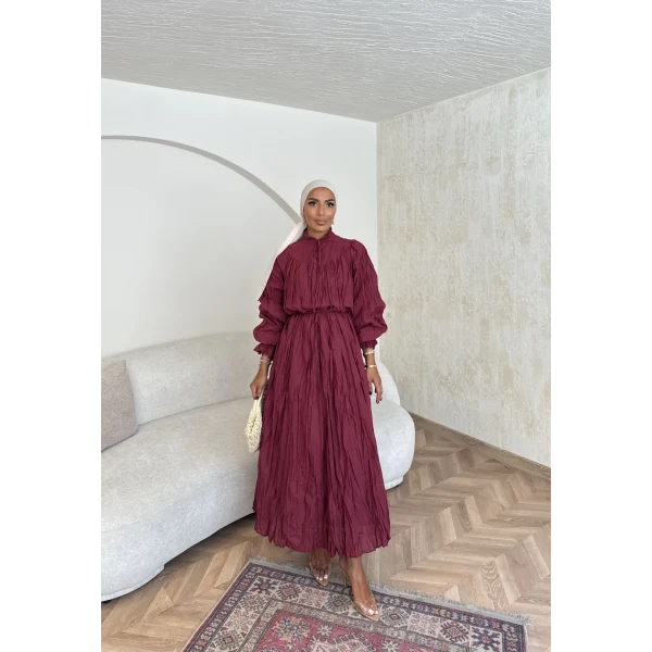 Veluna Kırışık Elbise - Bordo