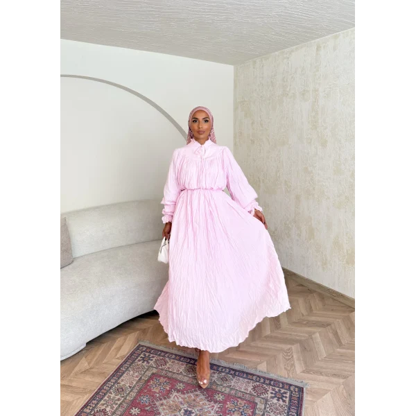Veluna Kırışık Elbise - Pembe