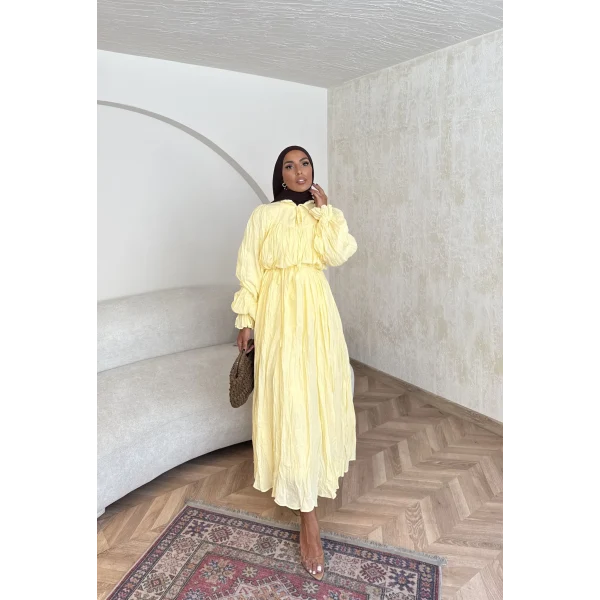 Veluna Kırışık Elbise - Sarı