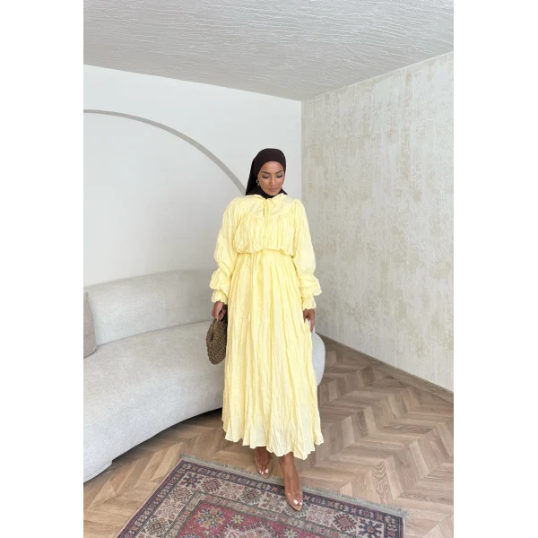 Veluna Kırışık Elbise - Sarı