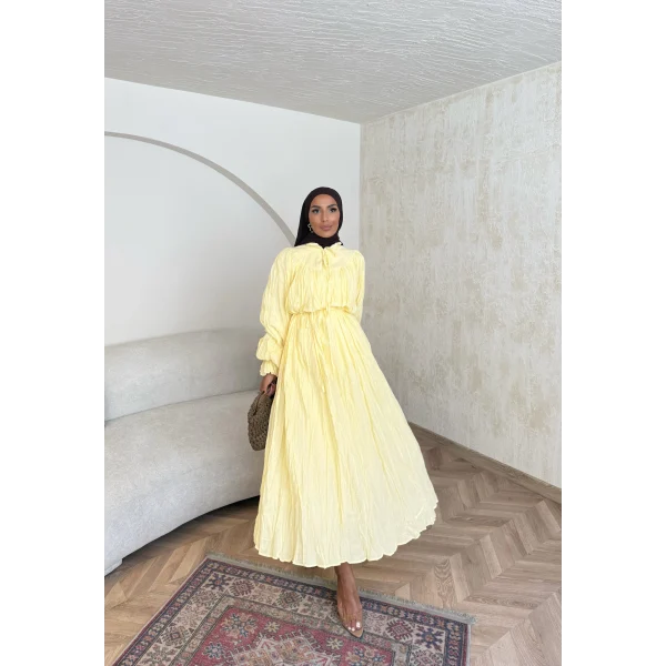 Veluna Kırışık Elbise - Sarı
