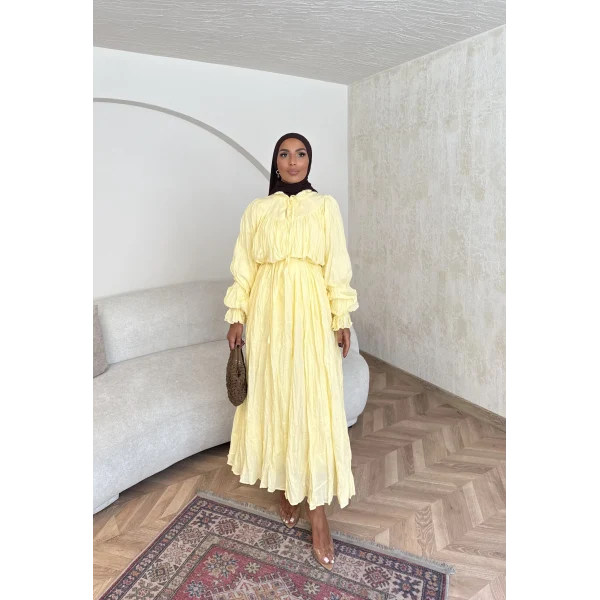 Veluna Kırışık Elbise - Sarı