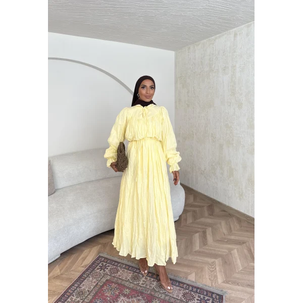 Veluna Kırışık Elbise - Sarı