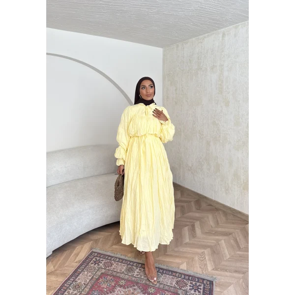 Veluna Kırışık Elbise - Sarı