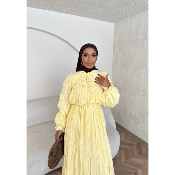 Veluna Kırışık Elbise - Sarı