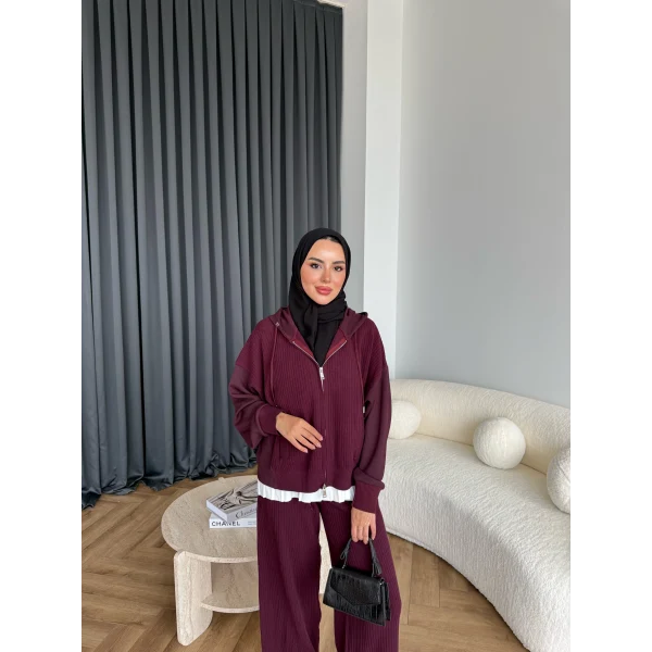 Venusa Kapşonlu Triko Takım - Bordo