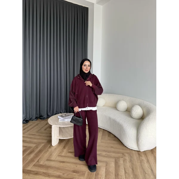 Venusa Kapşonlu Triko Takım - Bordo