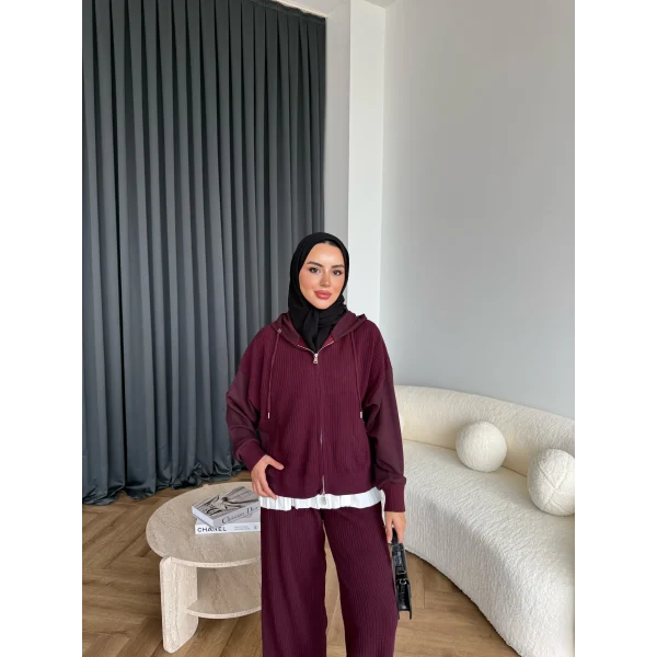 Venusa Kapşonlu Triko Takım - Bordo