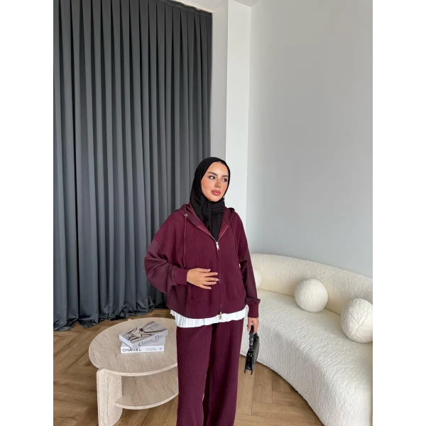 Venusa Kapşonlu Triko Takım - Bordo